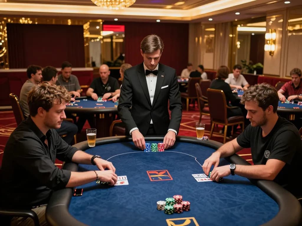 Exciting gameplay at ta88 Casino featuring intense poker tables with focused players and professional dealers.
