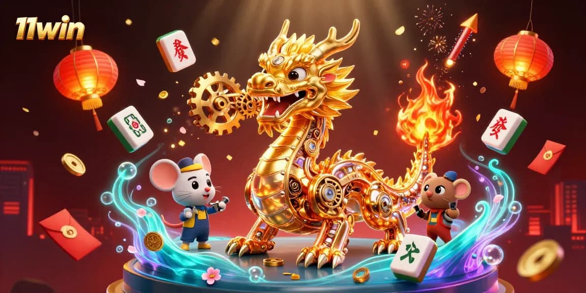 Engage with 11win's vibrant gaming scene featuring a golden dragon and dynamic casino elements.