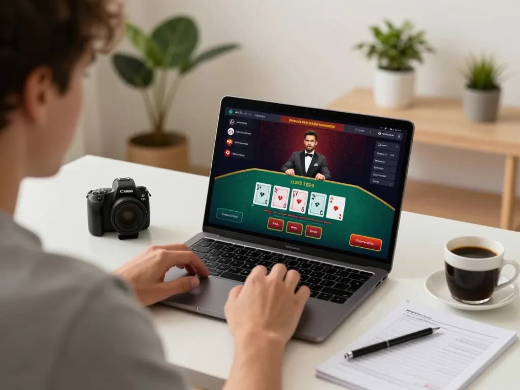 Bet88i player engaging in online blackjack with strategy notes and coffee at a well-lit home desk.
