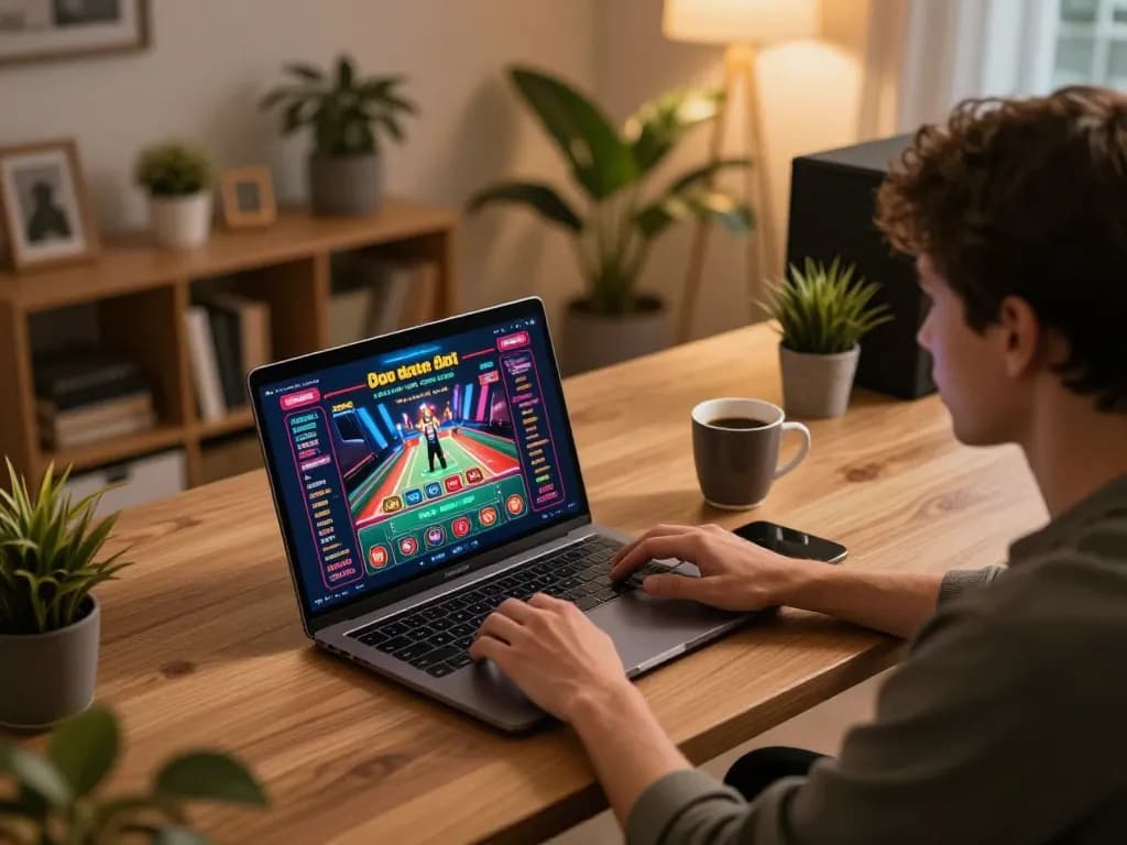Player enjoying go88 gaming on a laptop at stylish desk, focused on strategy.