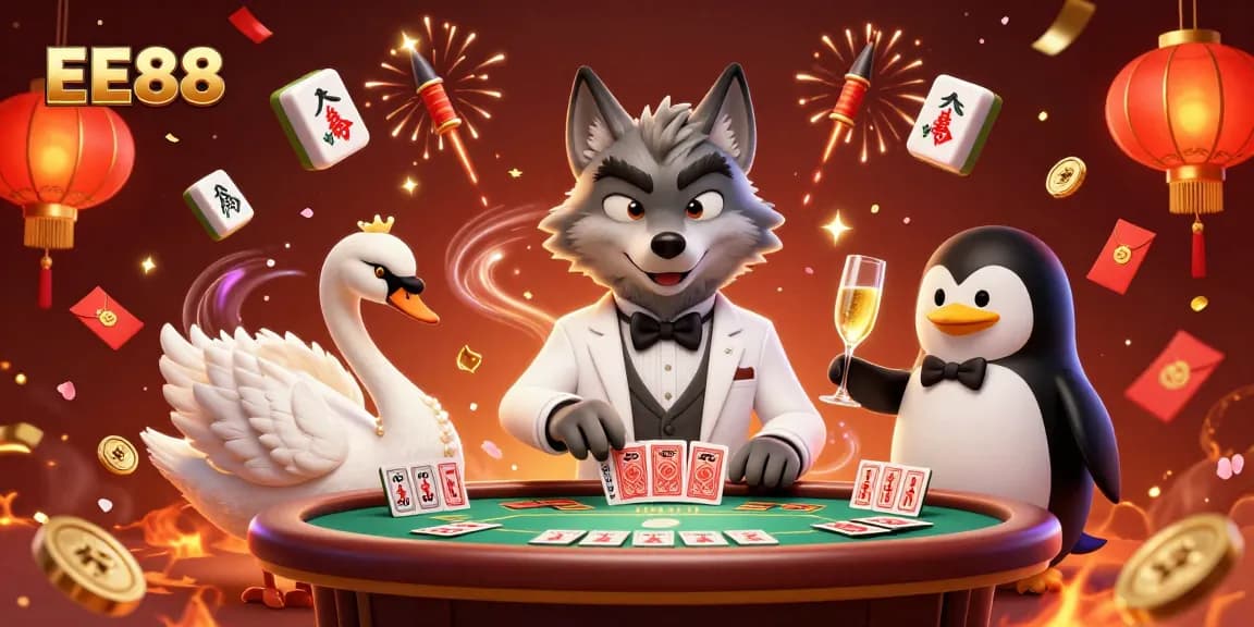 EE88 brings excitement with a gamified illustration featuring wolf, swan, and penguin characters in a vibrant casino scene.