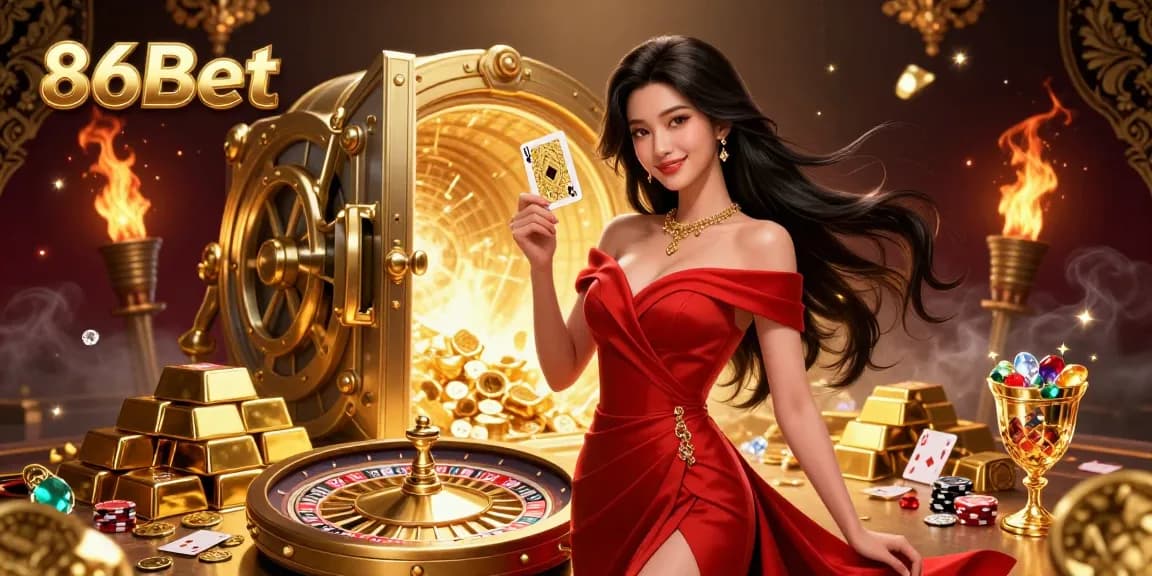 Experience 86Bet's thrilling casino ambiance with a stunning woman holding a playing card by a golden roulette wheel.