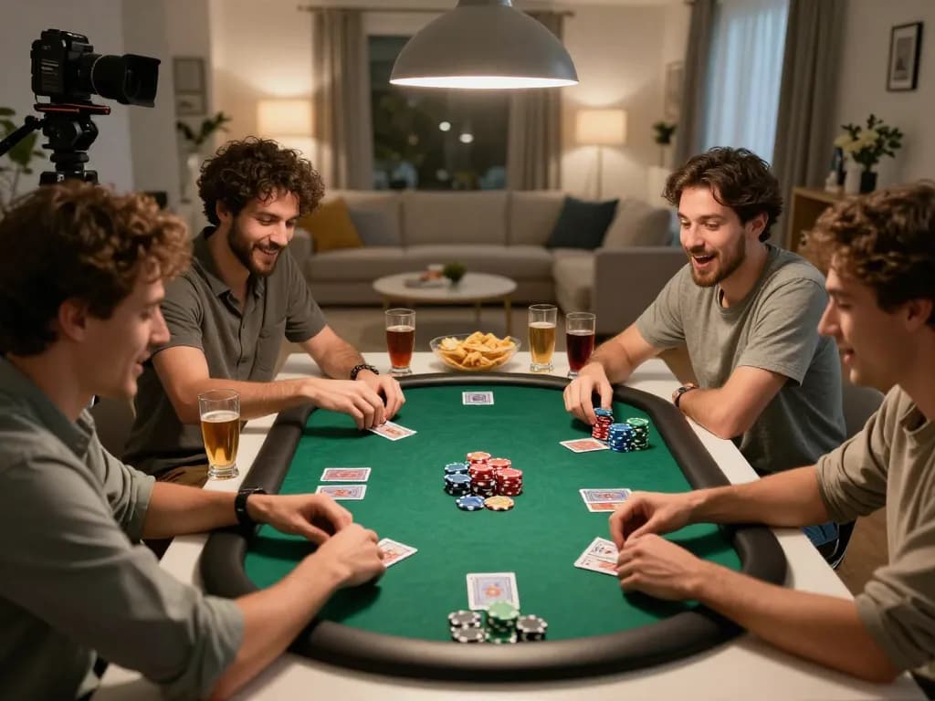 Friends engaged in a lively poker game at home with excitement and strategy, highlighting LC88 experience.