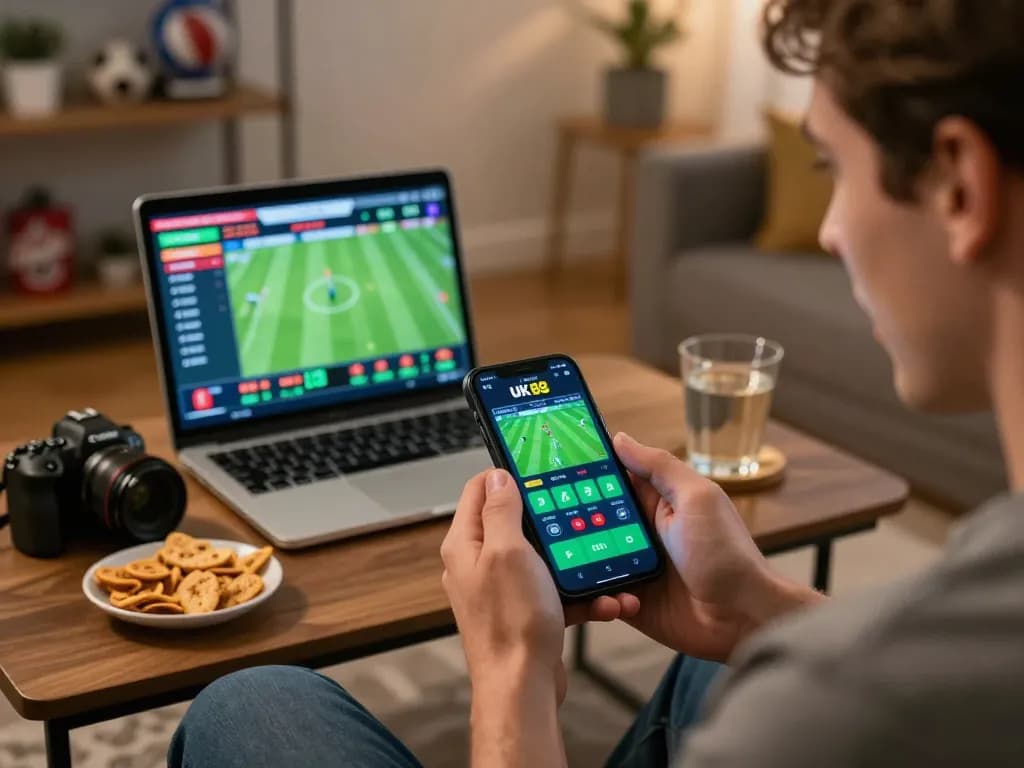 Person engaging with the uk 88 betting app on smartphone at home, showcasing excitement in casual setting.