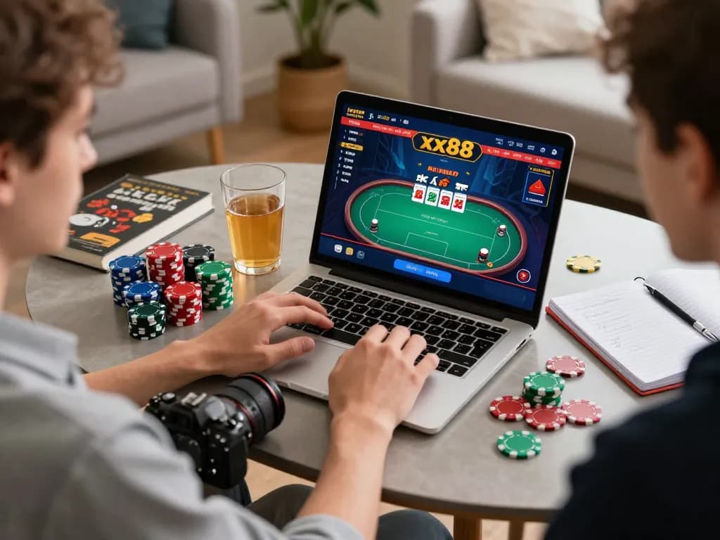 Player engaging in xx88 online poker game with colorful chips and cozy home setup.
