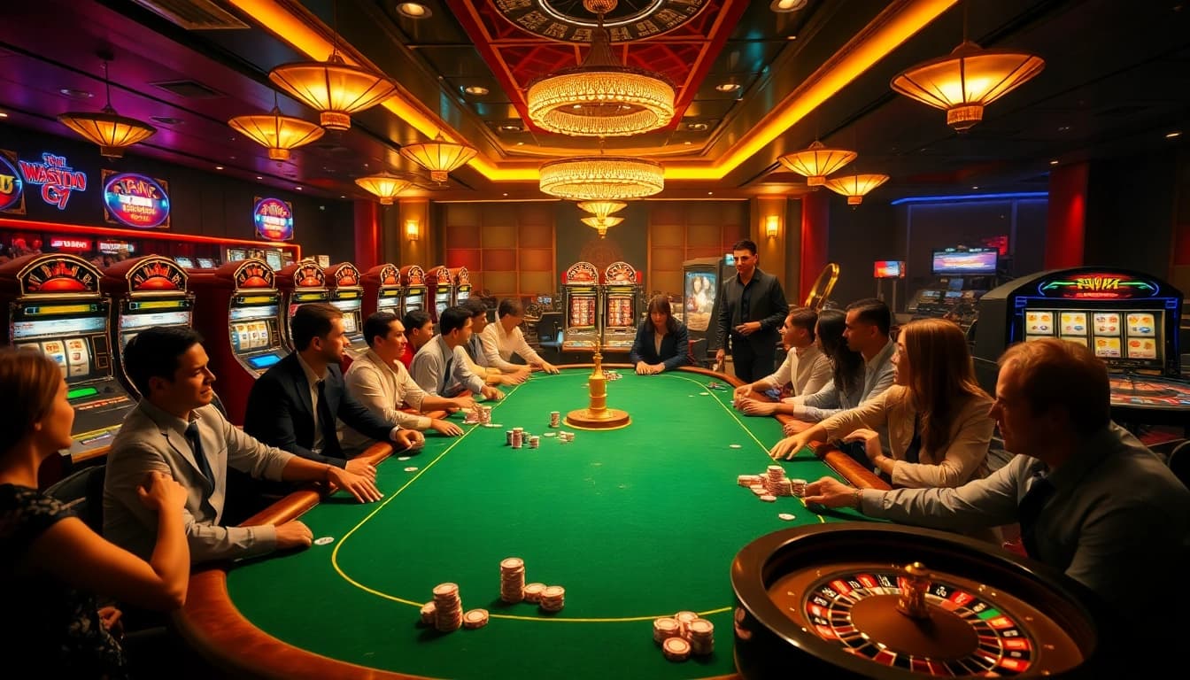 Engage in thrilling gameplay at เว็บ soibet with vibrant casino tables and eager players enjoying high-stakes poker.