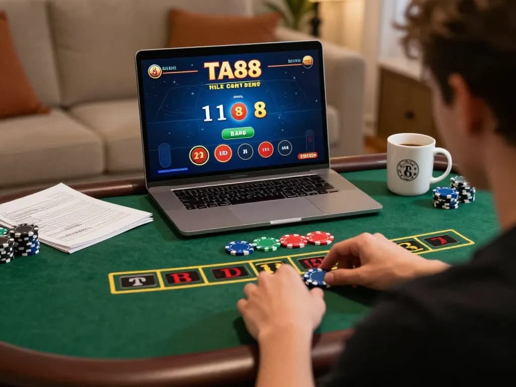 Player engaging with TA88 live dealer blackjack on laptop, chips visible in cozy home setting.