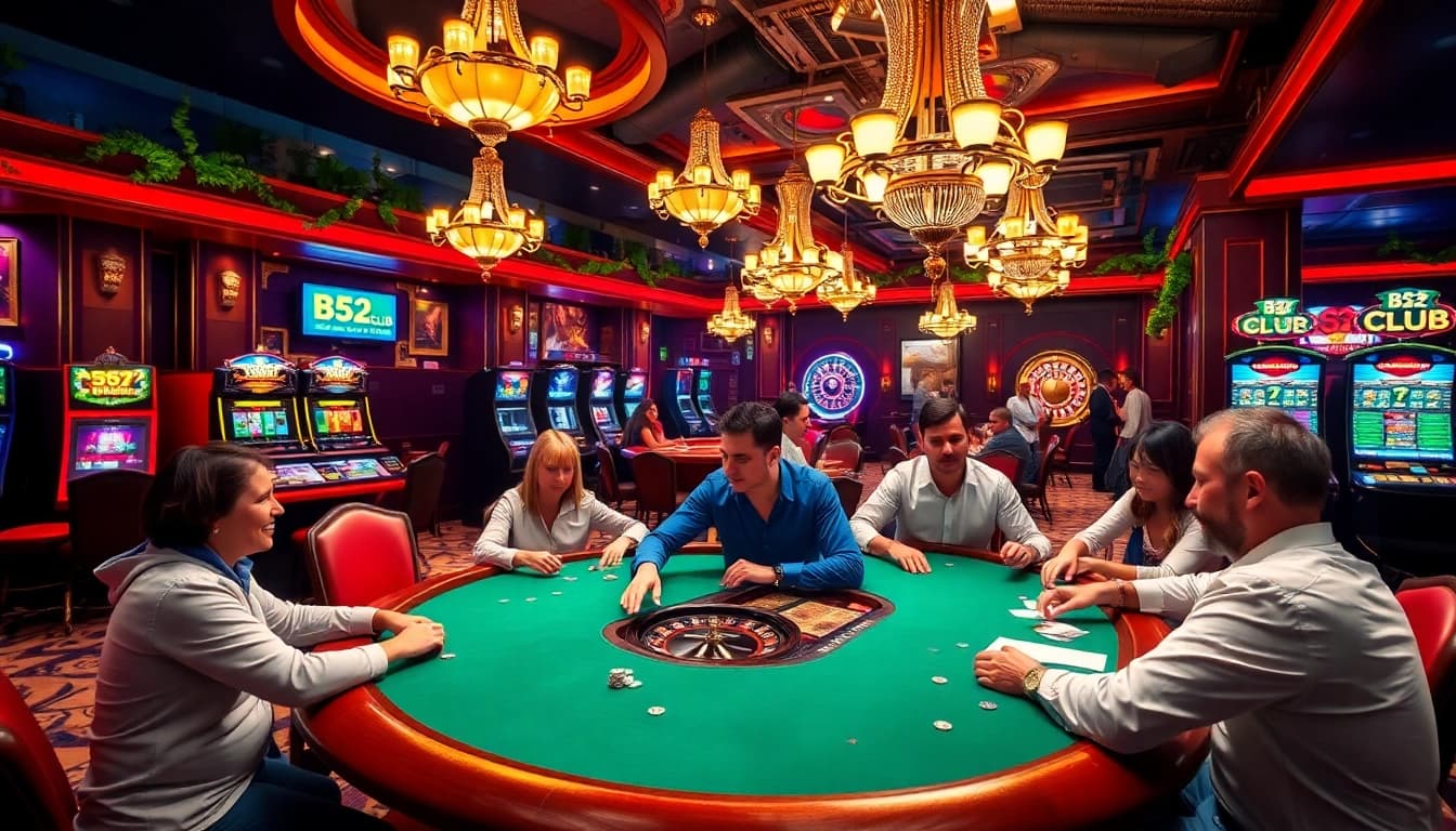 Players enjoying the B52 CLUB poker table in a glamorous casino setting with rich colors.