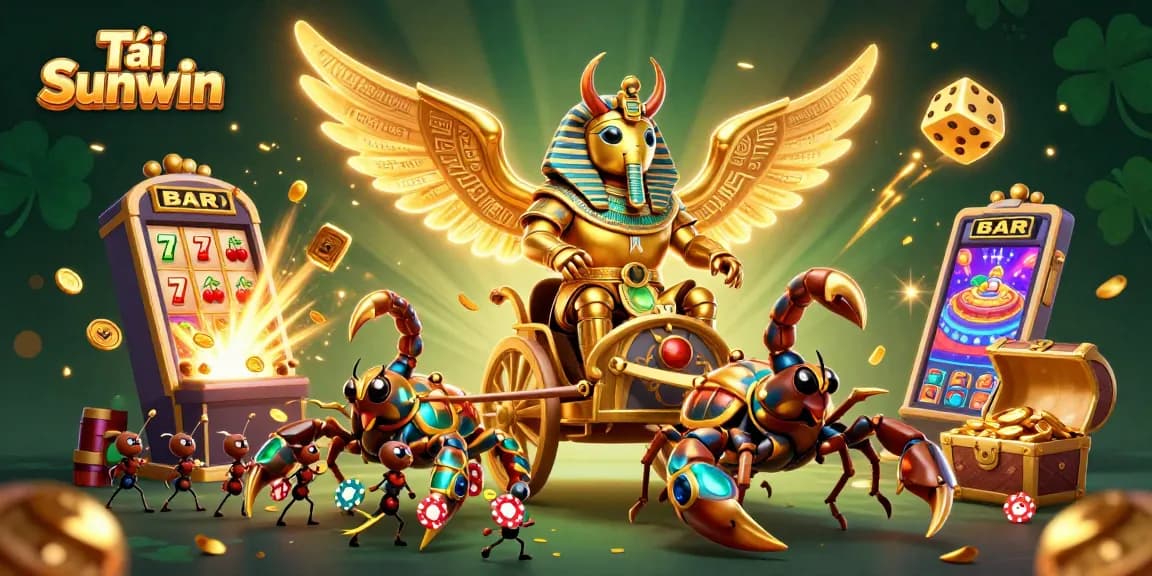 Tải Sunwin visual featuring a golden scarab beetle and dynamic jackpot explosion in a vibrant casino scene