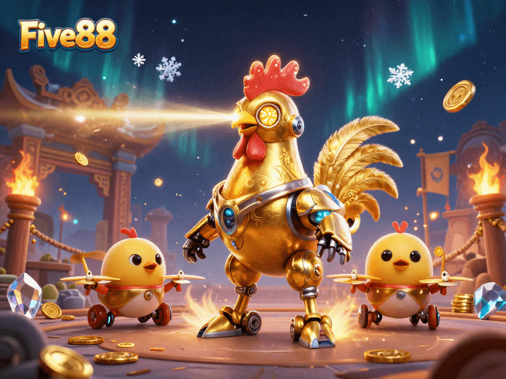 Experience the thrill of Five88 with a golden rooster robot and baby chick drones battling in a vibrant casino arena.