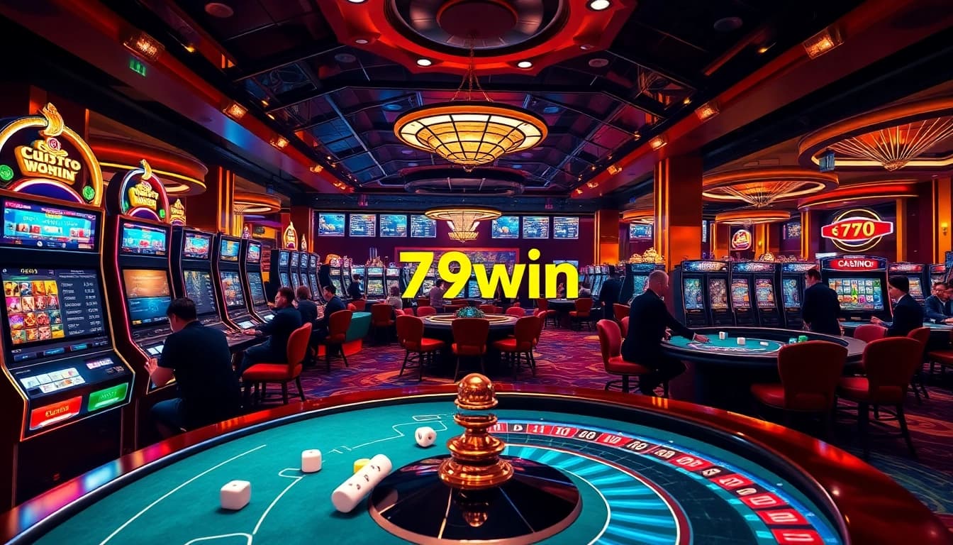 Experience the excitement of winning at 79win's dynamic casino, featuring lush gaming tables and vibrant slot machines.