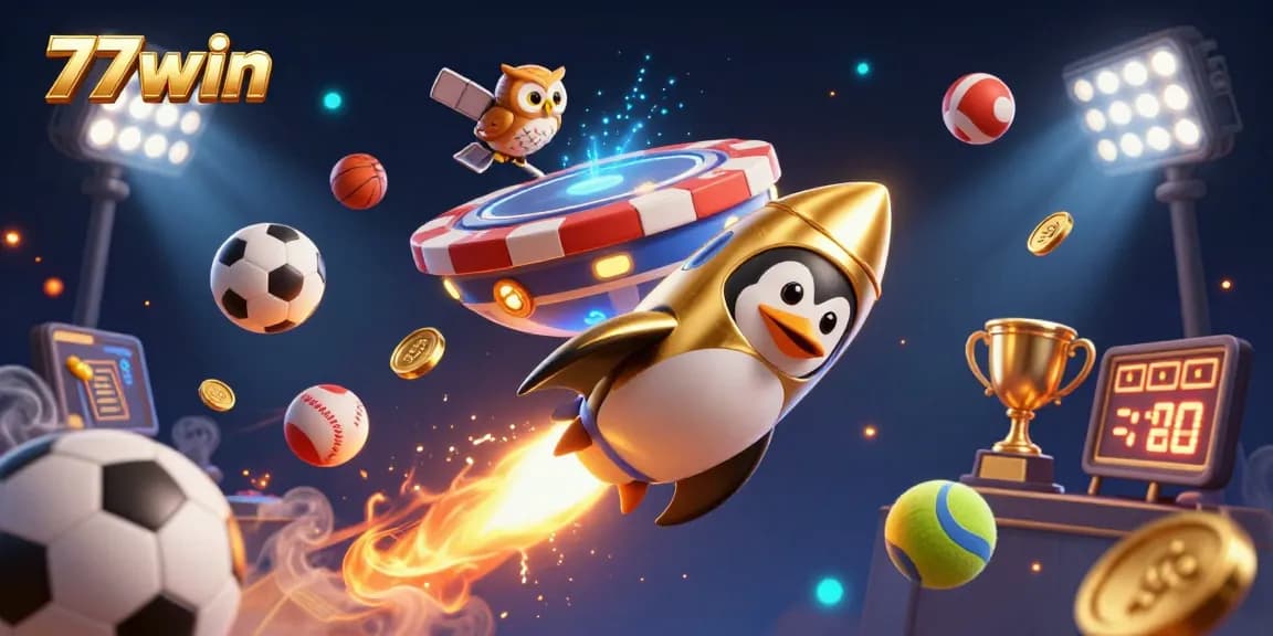 Experience the gambling thrill with 77win's exciting 3D animation featuring a penguin soaring to a casino.