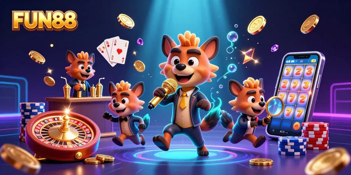 Experience FUN88's vibrant casino atmosphere with lively hyenas creating a dynamic gambling environment.
