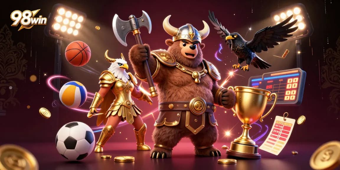 Engage with 98win's dynamic gameplay illustrated by a Viking bear and Valkyrie eagle in a vibrant casino scene.