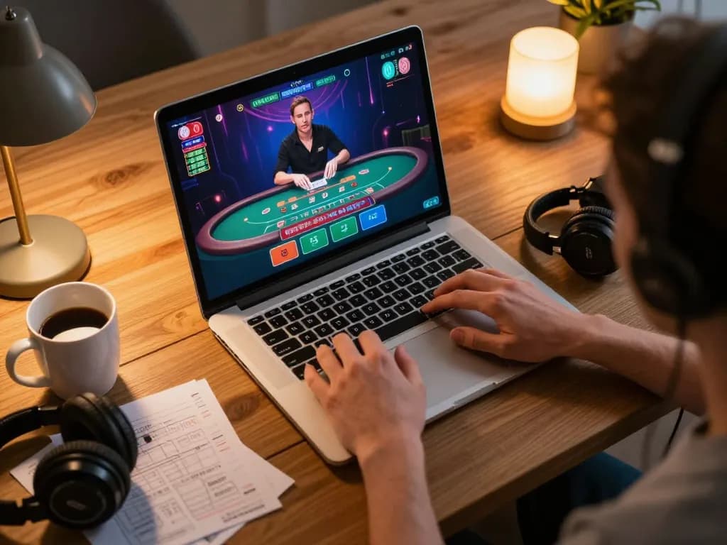 Player placing strategic bets at 78win online blackjack table in cozy home setting