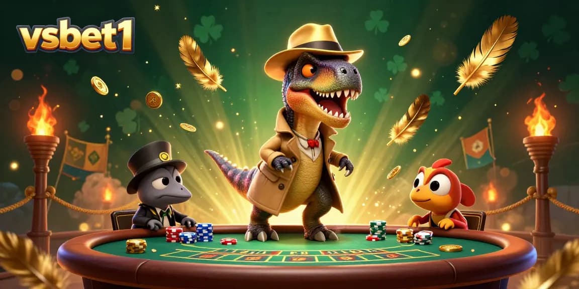 Engage in thrilling gameplay at vsbet1, featuring a velociraptor card counter at a blackjack table amidst a lively casino scene.
