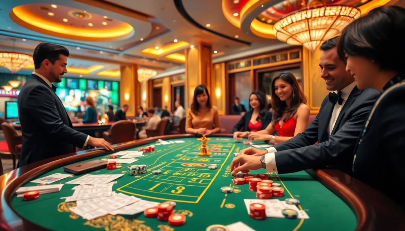 Vibrant lô đề uy tín table with chips and betting slips in a luxurious casino setting.