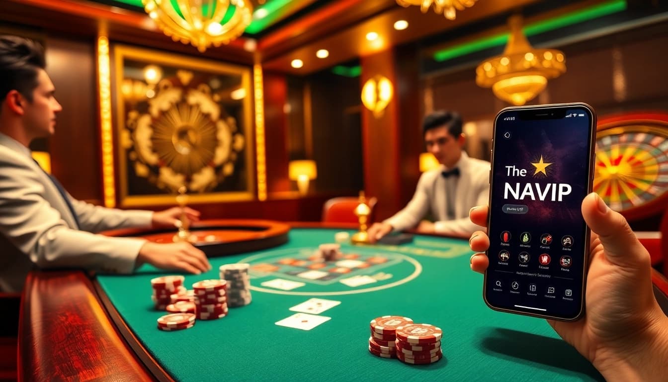 Nhatvip online casino visual showcasing luxury poker play and mobile gaming interface.