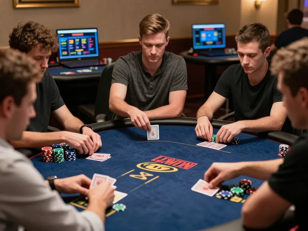 Engaged players enjoying LLWIN Download poker game, showcasing vibrant card gameplay and chips.