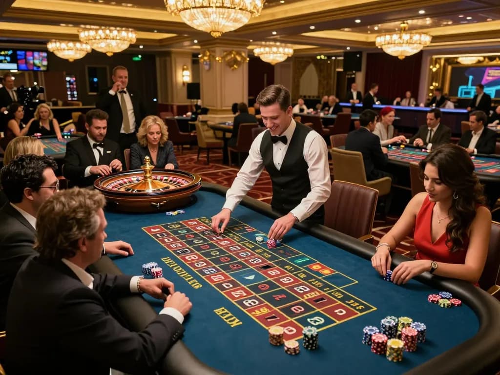 Players placing bets at a roulette table representing 33win com's thrilling casino experience.
