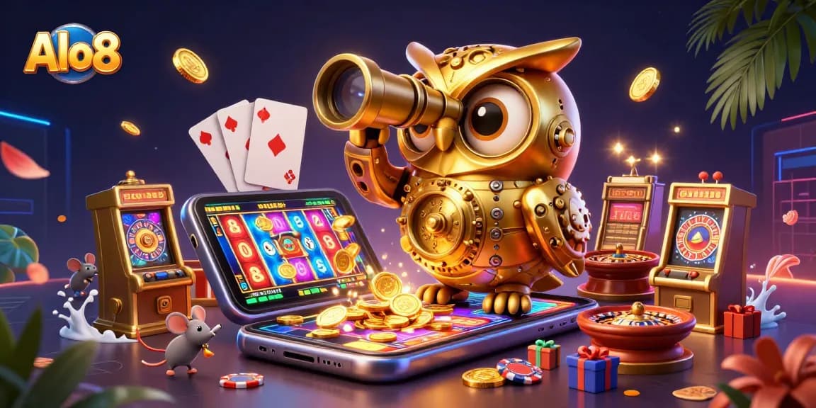 Alo8 showcases an energetic casino scene with a golden owl and tiny patrons surrounded by vibrant slot game elements.