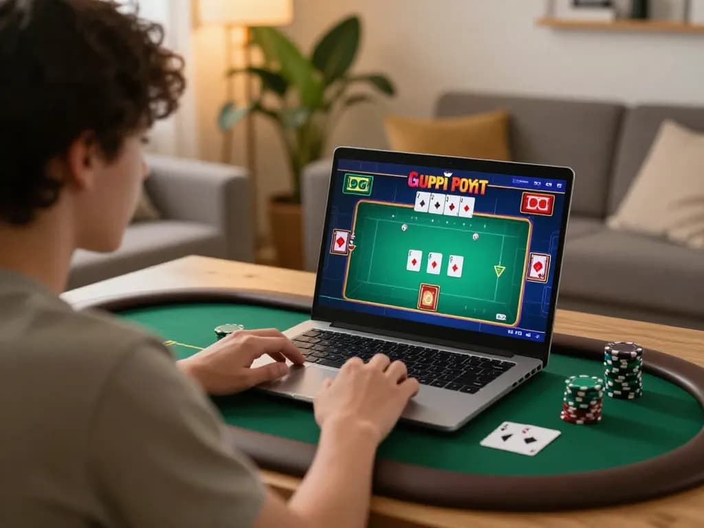 Player enjoying an online poker game at home while using o8's platform, reflecting strategic engagement in a cozy environment