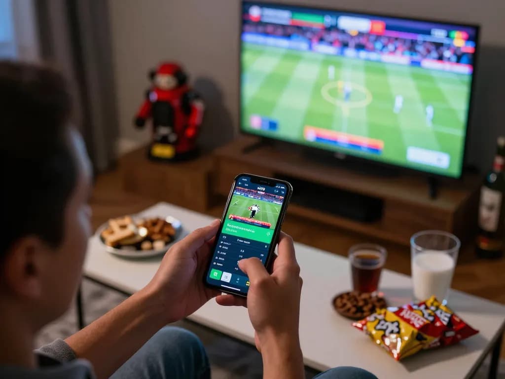 Person placing bets on ALO8 app while enjoying sports at home, with dynamic atmosphere.