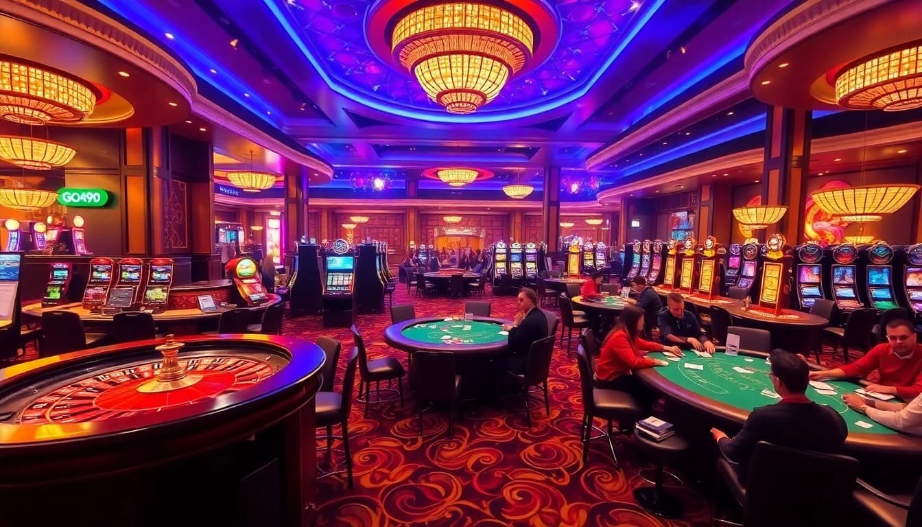 Experience the excitement of gambling at go99 casino with vibrant slot machines and a stunning roulette wheel.