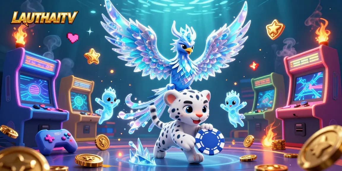 Bet on LAUTHAITV's thrilling gameplay with ice phoenix and snow leopard in a vibrant casino scene.