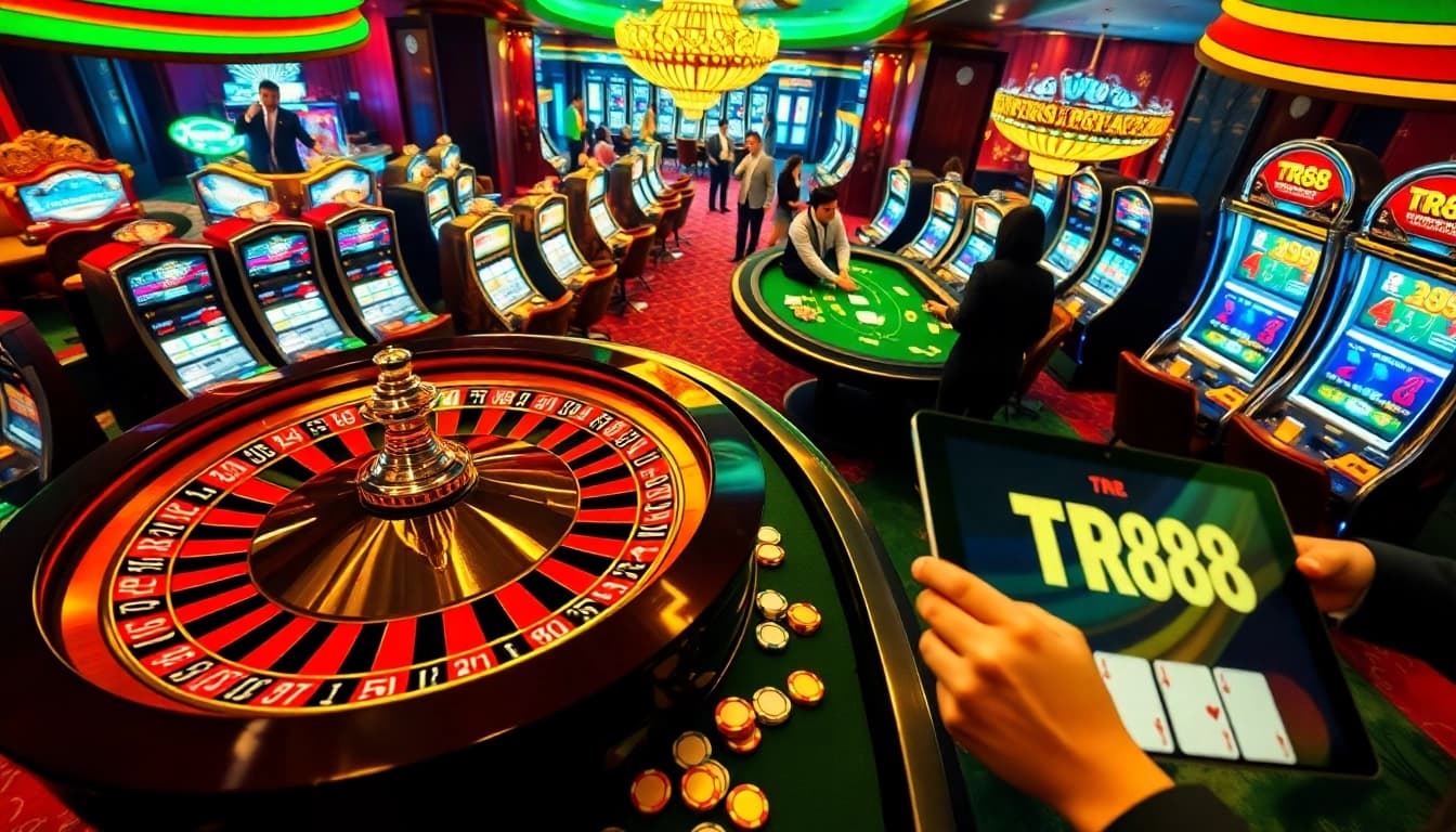 Engage with TR88 excitement at a luxurious casino scene featuring roulette and poker games.