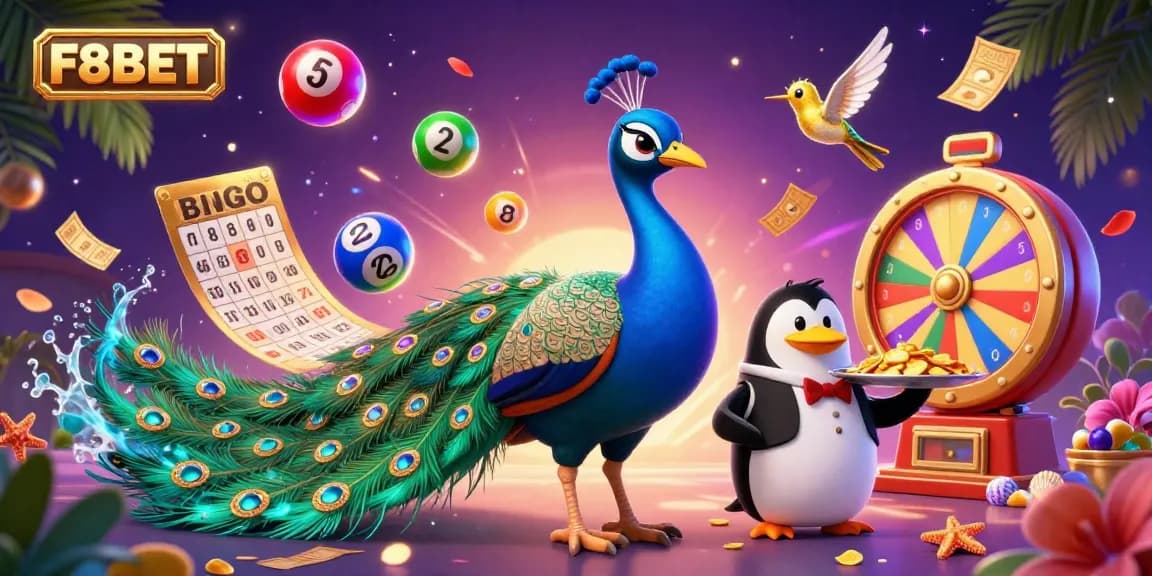 Experience thrilling gameplay with F8BET's lively casino scene featuring a peacock, penguin, and vibrant lottery elements.