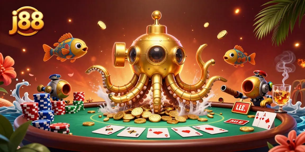 Experience thrilling j88 poker action with a vibrant kraken and stunning casino elements.