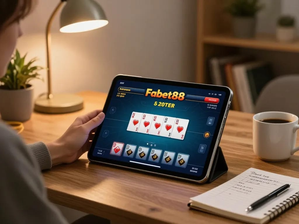 Engaged player enjoying Fabet88 online casino game on tablet in cozy home setting