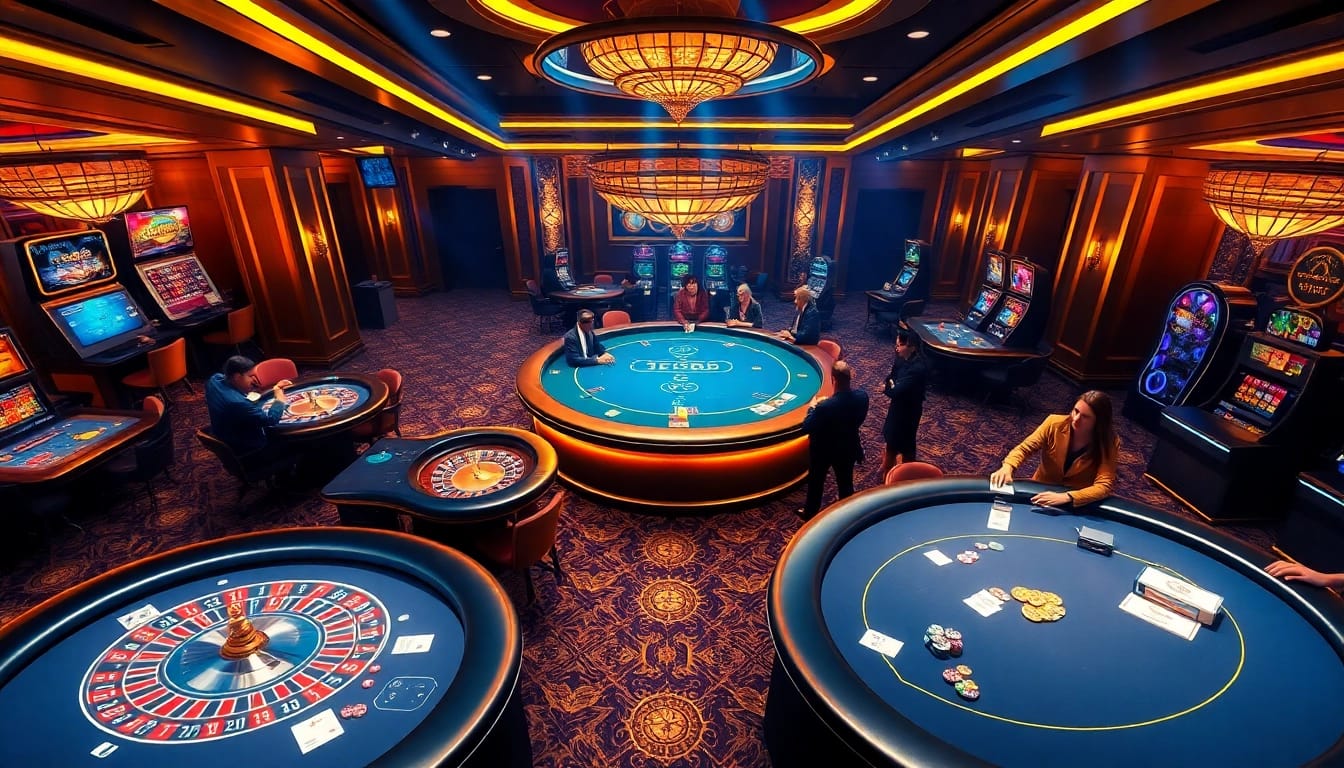 Experience the thrill of EV88 online gaming with glamorous casino tables and vibrant lights.