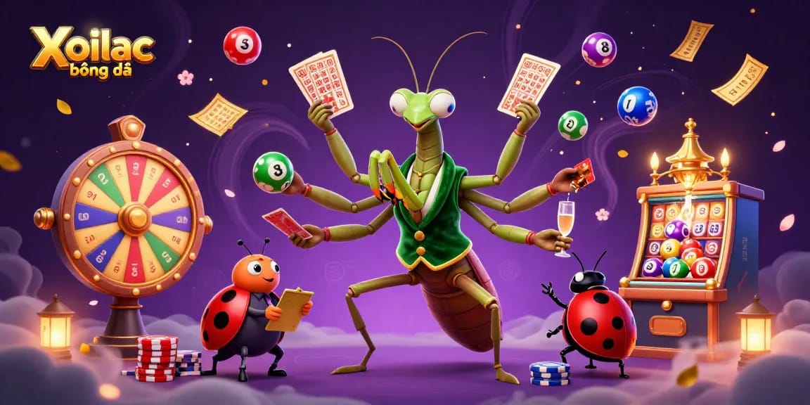 Xoilac bóng đá brings excitement with dynamic lottery balls and vibrant gaming elements in 3D illustration.