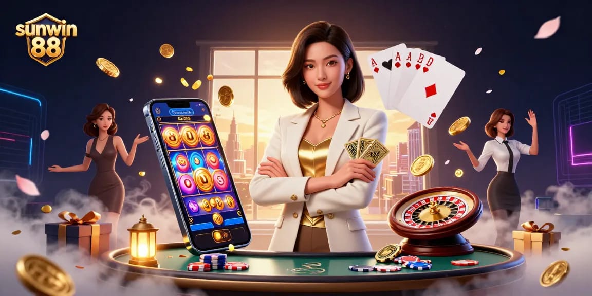 Engaging scene showcasing sunwin 88, featuring a powerful businesswoman in a glamorous setting, highlighting gaming excitement.