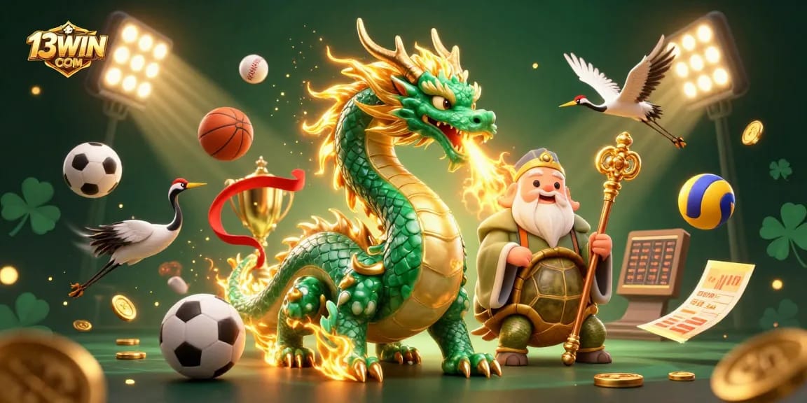 Engage with dynamic betting action at 13WIN COM, featuring colorful sports balls and festive characters.