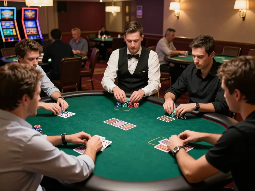 Players engage in a thrilling poker game at a Vua88 casino table, showcasing strategy and excitement.