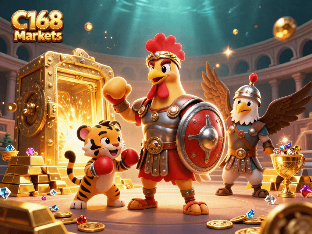 C168 Markets presents an energetic 3D casino scene featuring a gladiator rooster and a sparring tiger cub amidst riches.