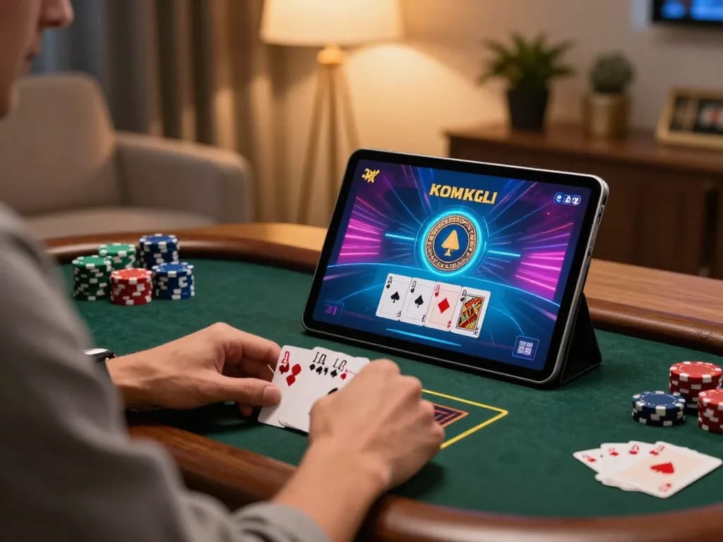 mb668 player betting on an online poker game with chips and cards visible on a sleek tablet while relaxing at home.