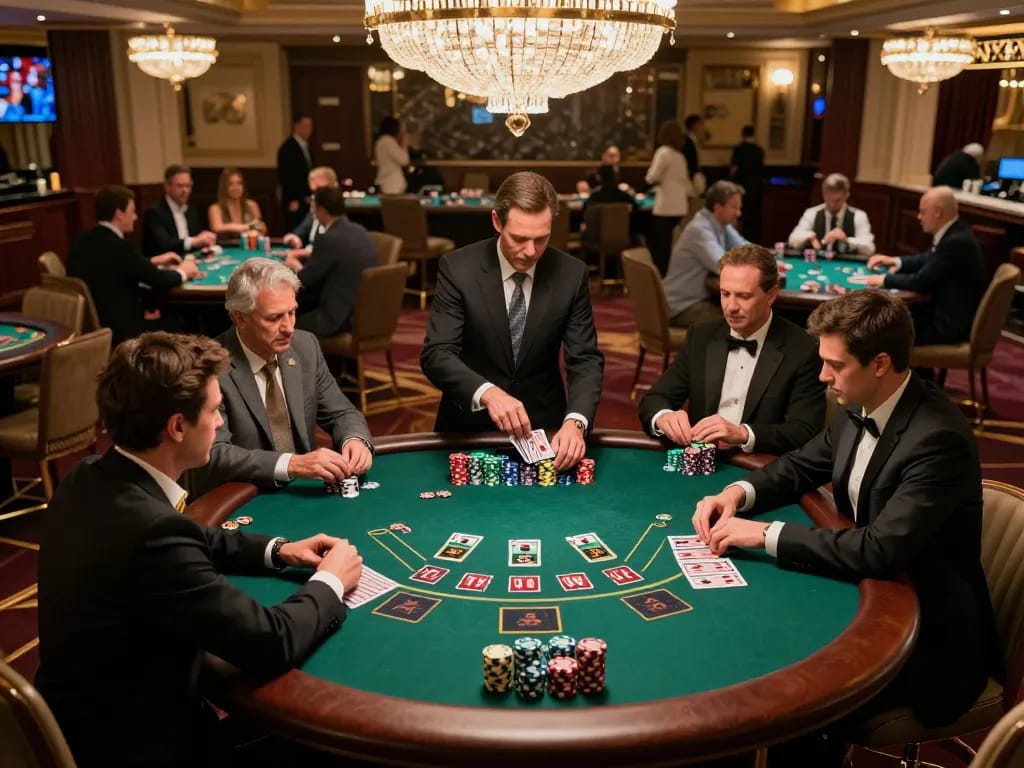Players at a blackjack table focused on strategy in a casino, highlighting the competitive atmosphere of FC88 gaming