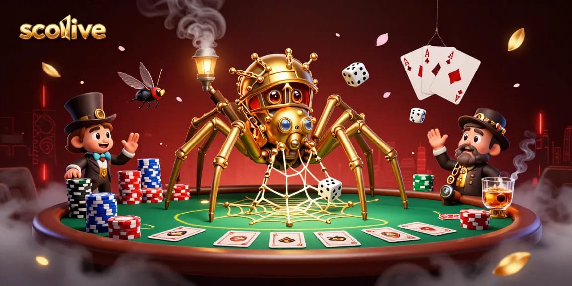 Experience socolive with a steampunk spider and Victorian gentleman catching dice in a vibrant casino scene.