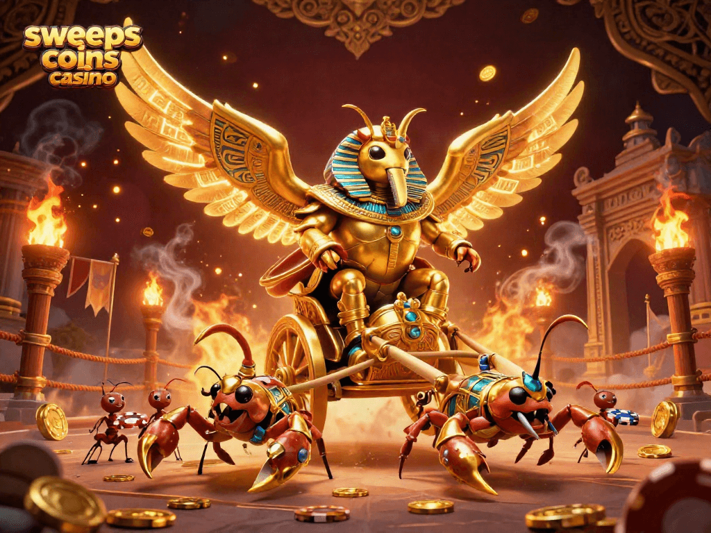 Sweeps coins casino featuring a colossal golden scarab beetle in an action-packed scene with scorpions and poker chip-carrying soldiers.