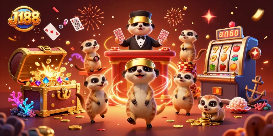 J188 casino meerkats dealing cards in an explosive treasure scene filled with excitement.