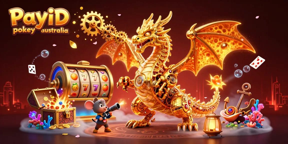 Experience thrilling gameplay with PayID pokies australia, featuring vibrant slot reels and a magical golden dragon.