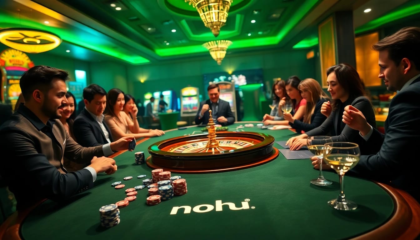 Experience the thrill of high-stakes gambling at a luxurious casino table featuring nohu-themed decor, vibrant chips, and eager players.
