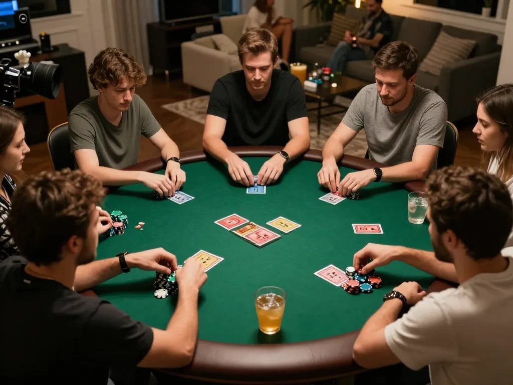 Intense poker action during a home game night, F8bet dental players engaged, chips stacked strategically.