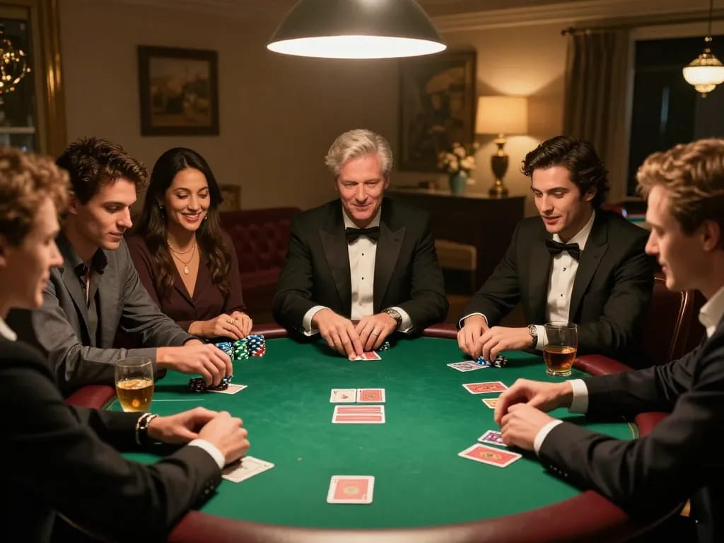 Fly88 players engaging in a friendly poker game with chips and cards on the table, showcasing excitement and strategy.