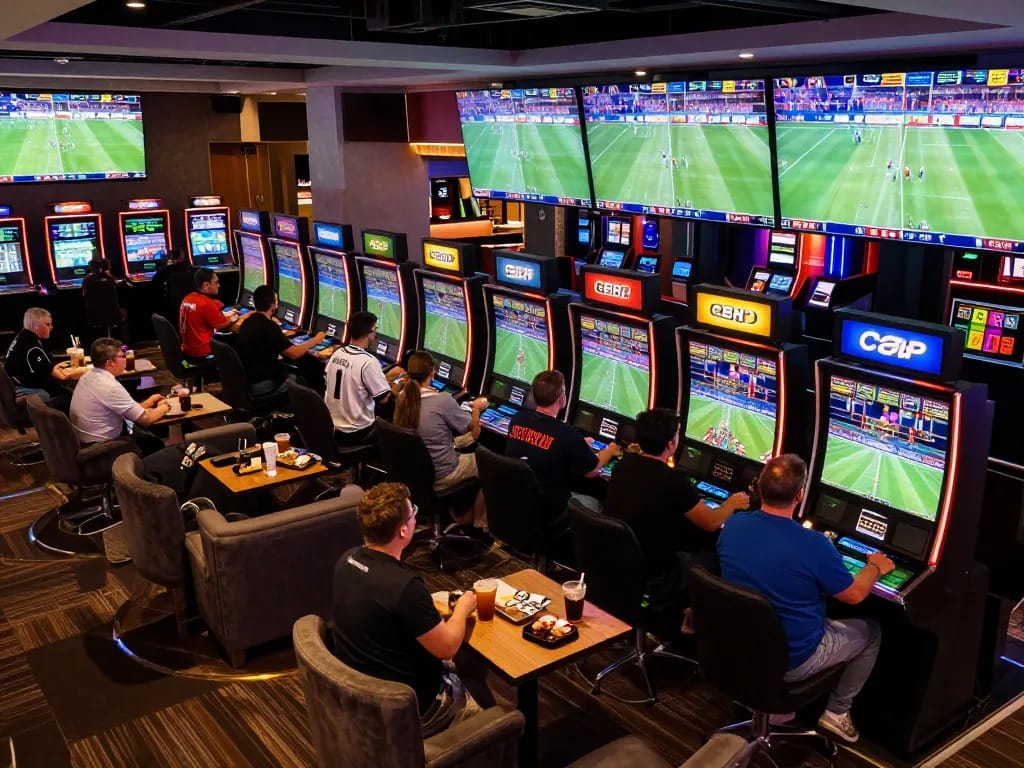 Enjoying live sports betting at SIN88 with excited players placing bets in a vibrant casino atmosphere