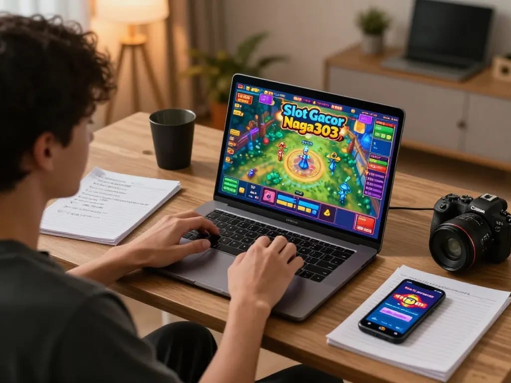 Engaging in Slot Gacor Naga303 gameplay in a cozy home setup, highlighting excitement and strategy.